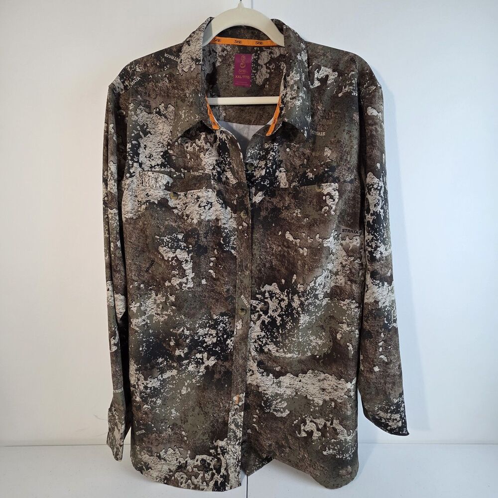 She Outdoors Womens Size 2x XXL Brown Camo Button Down True Timber Top Bass Pro